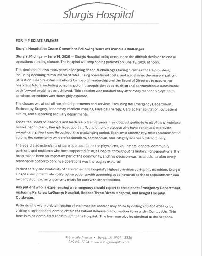 Sturgis Hospital Closing June 19